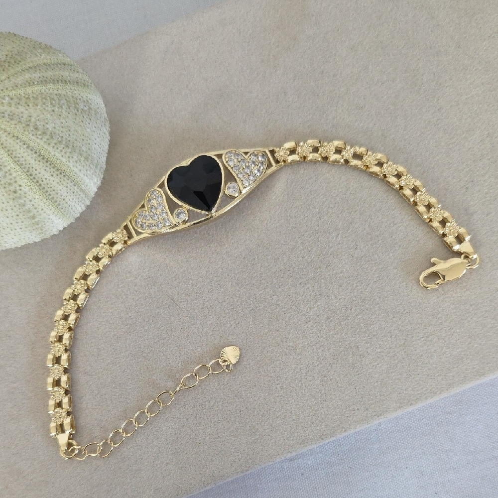 Gold Filled Watchband Design Bracelet with Black And Pave Hearts